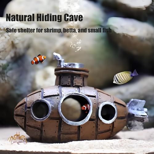 Fish Tank Decorations, Aquarium Decor Thematic Ornaments, Cute Little Diver Aquarium Decoration Cartoon Fish Playmate with Submarine - Floating Aquarium Decorations (Submarine Gold) - color: Submarine Gold