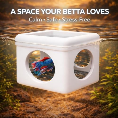 White Floating Betta Hideout with Round Side Holes – 3D Floating Breeding Box & Resting Cave with Window – Feeding Platform, Fish Shelter & Hammock for Betta, Guppies, Nano Tanks & Small Aquariums - color: C: White