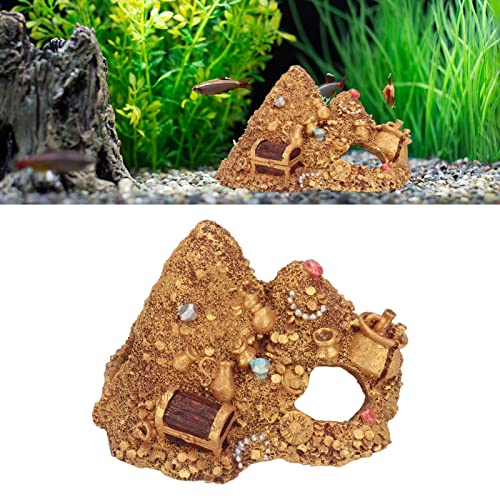 Wisecoco Aquarium Decoration Cave, Fish Tank Gold Mountain Simulation Resin Aquarium Treasure Mountain Hideouts Decoration for Freshwater Saltwater 4.3 x 4.7 x 5.9 inch