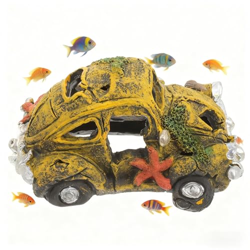 Resin Car Wreck Aquarium Decor, Fish Tank Hideout House, Small & Medium Fish Ornament for Garden & Aquariums