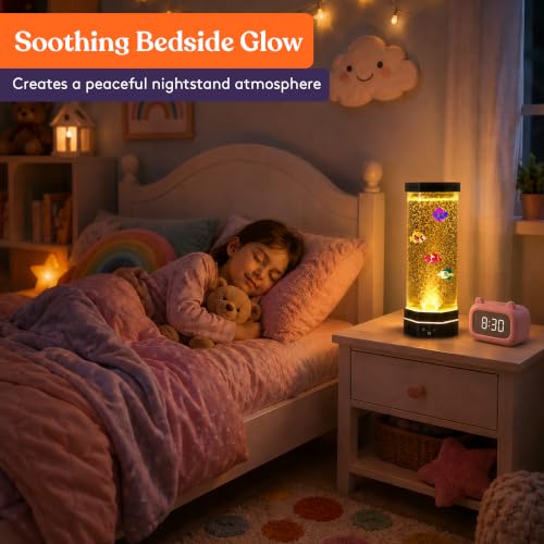Special Supplies Aquarium Sensory Fish Bubble Light Tube with 16 LED Color Changing Nightlight Effect, Remote Control, and 5 Fish, Colorful Desk Standing Lamp