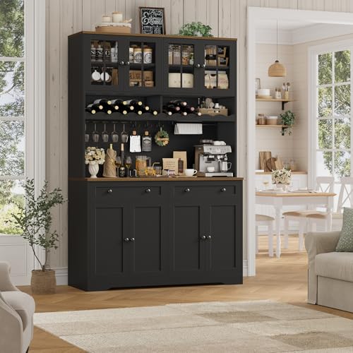 HOSTACK 75.4" Tall Kitchen Pantry Cabinet with Charging Station, Modern White Kitchen Hutch with Microwave Stand and Wine Rack, Large Food Pantry Storage Cabinet with Glass Doors and Drawers, Black - color: Black