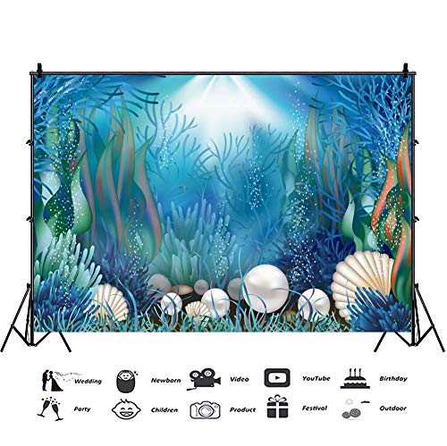 AOFOTO 12x8ft Fairytale Undersea Pearl Shell Backdrop Deep Sea Plants Coral Pearl Mussels Underwater Mermaid's Shelter Background for Photography Happy Birthday Party Banner Baby Shower Photo Booth - size: 12x8ft