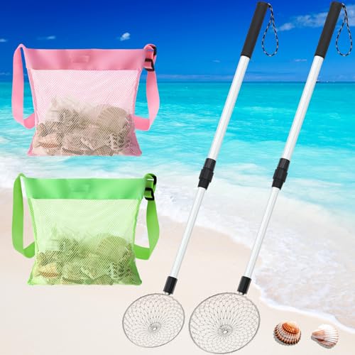 Roshtia 2 Pack Beach Sand Sifter Scoop with Seashell Bags, 18.5"- 30" Adiustable Shark Tooth Sifter Long Handle Sand Digger Scooper for Shell & Shark Tooth Collect Tool Toy for Adult Kid(Pink, Green) - color: Pink, Green, size: 18.5-30 Inch, style: Scoop