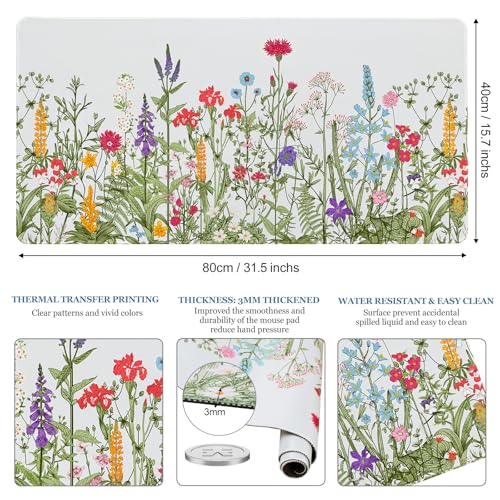 Desk Pad Botanical Floral, Desk Mat for Desktop, Sage Green Spring Flowers XXL Large Gaming Mouse Pad Non-Slip Rubber Base Stitched Edges Keyboard Mouse Mat for PC/Laptop/Computer/Work/Office - color: Colored Flowers, size: 31.5" x 15.7"