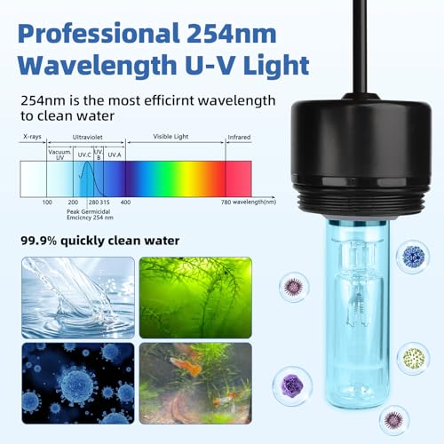 hygger 5W Aquarium U-V Light with Timer, 360° Protective Shield Clean Light for Crystal Clear Green Water, Submersible Fish Tank Cleaner for 10–40 Gallon Freshwater & Saltwater Aquariums - size: 1.85 * 4.75 inches
