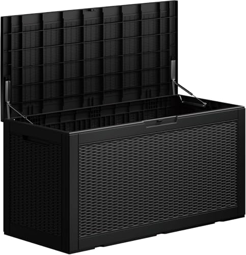 TARKARI 100 Gallon Outdoor Storage Box Waterproof, Resin Deck Boxes with Lockable Lid & UV-Resistant for Patio, Pool Accessories, Garden & Furniture Cushions, Black - color: Black, size: 100 GAL