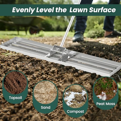 Goplus Lawn Leveling Rake, 46" x 10" Heavy Duty Level Lawn Tool w/ Ergonomic Handle for Soil, Effort-Saving Landscape Rake for Garden, Backyard, Golf Course, Farm, Pasture, Silver - style: 46" x 10", Silver