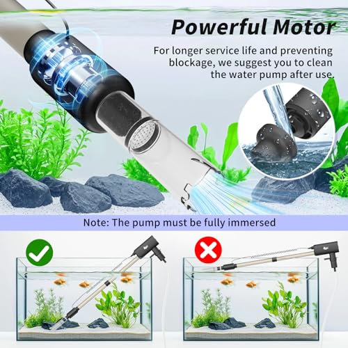 AQQA Aquarium Vacuum Gravel Cleaner 20W Electric Rechargeable Fish Tank Cleaner Tools for Automatic Water Changing, Debris Clean& Sand Washing, Strong Suction with 4-Speed Adjustable (20W, 480GPH) - size: 20W 480GPH