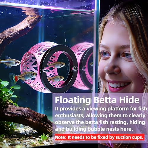 Floating Betta Hideout Cave for Aquarium, Multi-Function Resting Hammock & Shrimp Feeder with Fish Feeding Ring, Betta Fish Tank Accessories, Aquarium Decor & Fish Tank Decor（Rainbow Pink）