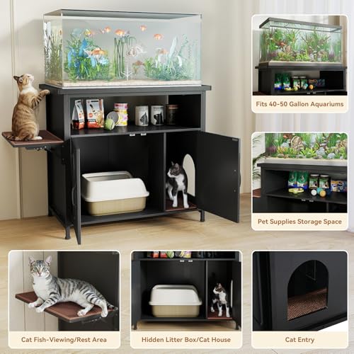 Verano Garden 40-50 Gallon Fish Tank Stand with Hidden Cat Litter Box Enclosure Furniture, Cat Viewing Aquarium Stand with Storage Shelf & Side Cat Perch, 36.2"x20.5" Tabletop, 660 LBS Capacity - color: Black