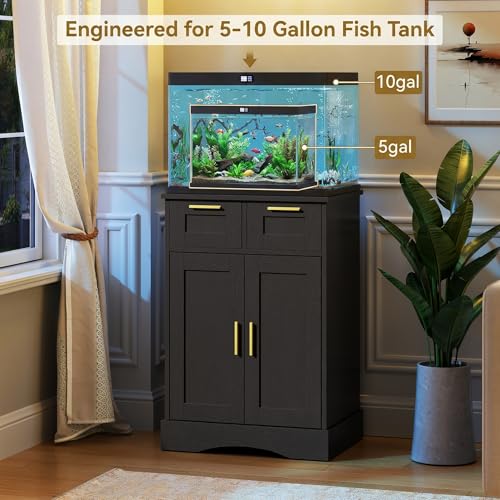 10 Gallon Fish Tank Stand with Storage Cabinet, Fish Tank Stand with 2 Drawers for Accessories Storage, Aquarium Stand 5-10 Gallon, 20.5" L x 11.0" W Aquarium Cabinet, Black PTBX02BK - color: Black, size: 5-10 Gallon