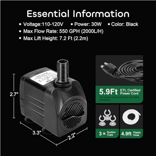 GROWNEER 550GPH Submersible Pump 30W Ultra Quiet Fountain Water Pump, 2000L/H, with 7.2ft High Lift, 3 Nozzles, 4.9 Feet Tubing for Aquarium, Fish Tank, Pond, Hydroponics, Statuary - size: 6.6x5.1in
