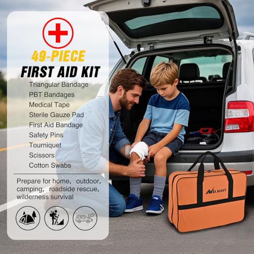 Nilight Car Emergency Kit with Jumper Cable, First Aid Kit Safety Assistance Tools for Travel Camping Outdoor Cars Truck SUV RV, Roadside Essentials with Flash Light - color: Essential Kit+Air Compressor