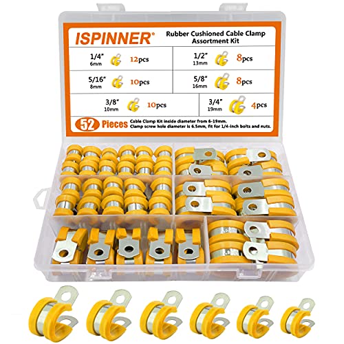 ISPINNER 52pcs Cable Clamps Assortment Kit, 304 Stainless Steel Rubber Cushion Pipe Clamps in 6 Sizes 1/4" 5/16" 3/8" 1/2" 5/8" 3/4" (Yellow) - color: Yellow