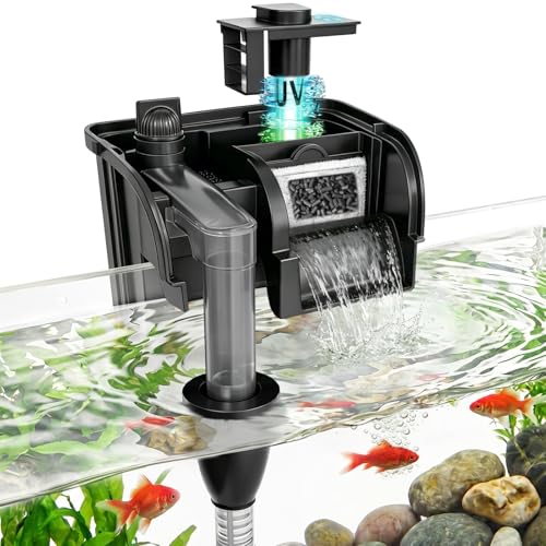 Hang on Back Aquarium Filter 158GPH for 10-40 Gal. Fish Tank, w/ Detachable U-V Light &Surface Skimmer, 4-Stage Suspension Oxygen Deodorization Saltwater Freshwater Crystal Clear Green Clean Machine - size: WP-607H