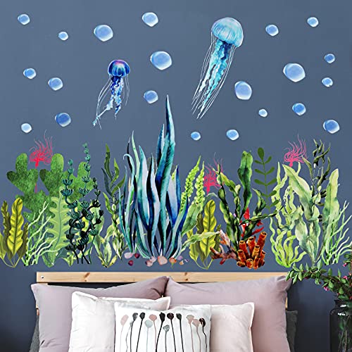 Under The Sea Wall Decals Ocean Stickers Coral Reef Seaweed Jellyfish Removable Wall Decal Undersea Decor Stickers for Bedroom Bathroom Daycare Nursery Home Decoration