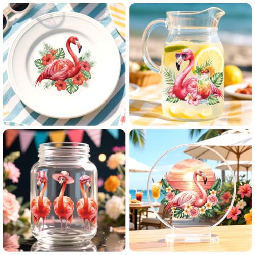 Peacoblue 18 Sheets Rub on Transfers for Crafts, Summer Flamingos 3.6"x3.9" UV DTF Cup Wraps Waterproof Cold Transfers Stickers for Wood Glass Metal Cup Tumblers Mirrors Mugs Home Decor - style: Summer Flamingos