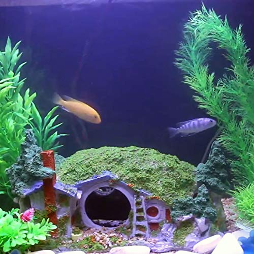 Large Aquarium Decoration Hobbit House Cave, 10.6 * 7 * 5.9 inches Resin Fish Hideout Betta Hiding Reptile Hole Shelter Snake Tank Fish Tank Ornament Rockery Landscaping