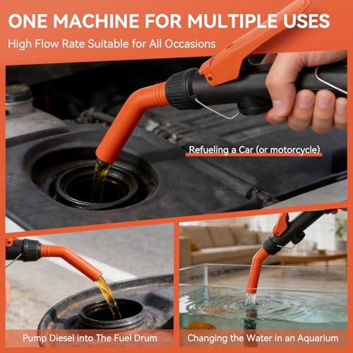 2.4GPM Portable Fluid Transfer Siphon Pump with Oil Pipeline, Fuel Transfer Pump, Adjustable-Flow Gasoline Siphon Pump, Suitable for Gasoline, Non-Potable Water, Diesel, and Kerosene, Orange