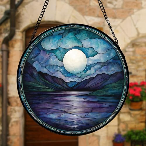 DASTOLL Stained Glass Window Hanging, Blue Night Moon Lake Sun Catchers Colorful Glass Panel Landscape Suncatcher Decor for Birthday for Women, Men, Wife, Aunt, and Mom 9.8 in - color: Blue and White, size: 9.8x9.8 IN