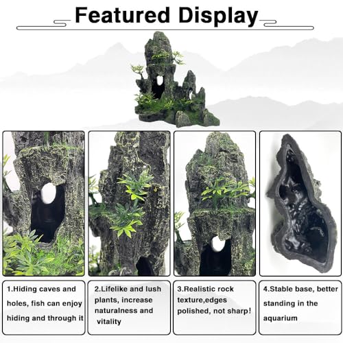 Aquarium Decorations Large and Tall Large Aquarium Decoration for Fish Tank Decorations Fish Tank Ornaments Mountain View Stone Ornament Tree Rock Cave Artificial Fishtank Ornament - color: Black Mountain View, size: Large - Mountain View
