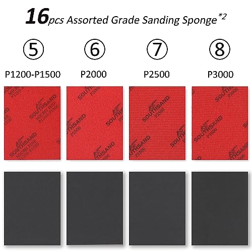 16pcs Sanding Sponge Pads (320-3000) 8 Assorted Grit 3.9 x 3.0 x 0.2 Wet Dry Ultra Fine Hand Sanding Sponges, Flexible Soft Foam Sand Block for Drywall, Model Hobby, Corner Contour, Metal Wood