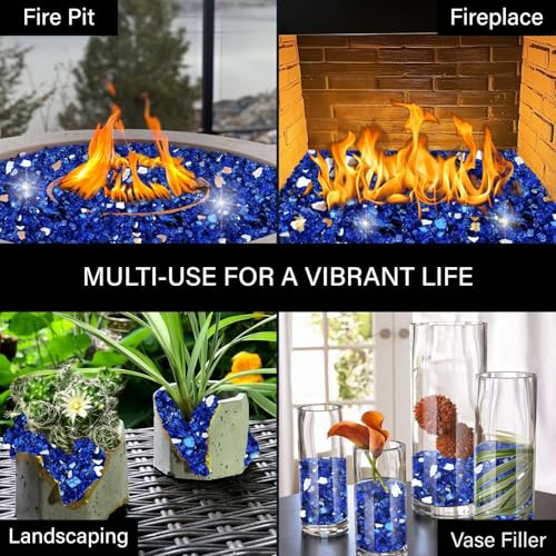 NUPICK 10 lb Reflective Fire Glass, 1/2 Inch, Fit for Fire Pit & Fireplace, Blue - color: Blue, size: 10 Pound (1/2")