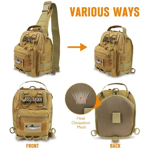 Dovesun Small Fishing Backpack, Waterproof Fly Fishing Sling Pack Tackle Bag with Tackle Boxes - color: D-Size:17.7*8.5*5.7in-Khaki(NO TACKLE BOX)