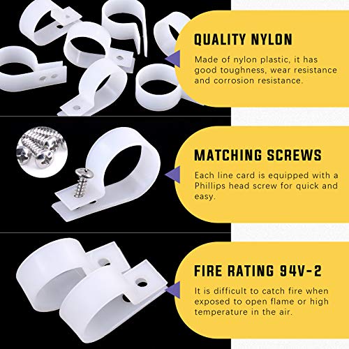 Swpeet 60 Pack White 1 Inch Nylon Plastic R-Type Cable Clips Clamp Kit, Nylon Screw Mounting Cord Fastener Clips with 60 Pack Screws for Wire Management - color: White, size: 1 Inch