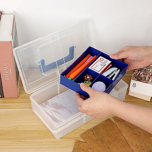 JUXYES Plastic Carry Storage Box with Removable Dividers, Clear Art Craft Supply Storage Bin Sewing Box with Handle Lid, 2 Layers Stationery Storage Case for School/Office Supplies - color: Blue