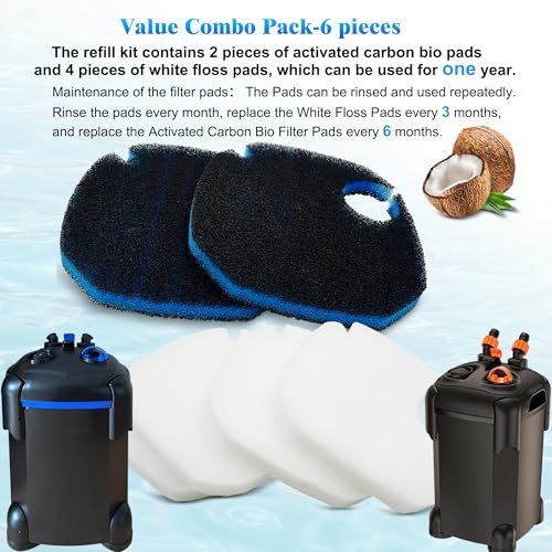 Large Cotton White Floss Pads and Activated Carbon Sponge Bio Filter Pads Refill Kit for AMOSIJOY Aquarium Canister Filter, Compatible with 396/528/660GPH Canister Filter (Large for 396/528/660GPH) - size: Large for 396/528/660GPH
