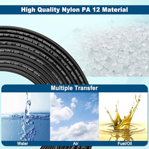 50FT 1/8 DOT Air Line SAE J844 PA12 Nylon Air Hose with Cutter 1/8” OD Pneumatic Tubing DOT Approved 1/8 Air Brake Hose for Air Suspension Kit Truck Trailer Brake System & Fluid Transfer 15.5m - size: 1/8" OD 50FT