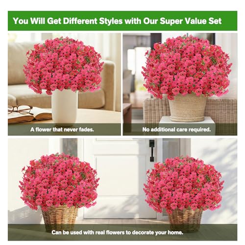 Artificial Flowers Fake Plants for Outdoors Spring Decoration, 13Bundles Silk Realistic UV Resistant Faux Flowers for Outside Planter Porch Yard Patio Garden Home Indoor, Rose - color: Rose, size: Artificial Flowers(13 Pcs)