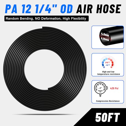 1/4" Air Line Tubing Kit,1/4" OD DOT Air Line 50 FT(15 m) SAE j844 PA Nylon Air Hose Tube and Push to Connect Fitting for Air Brake System Or Fluid Transfer,15 Pcs Compressed Accessories Kit