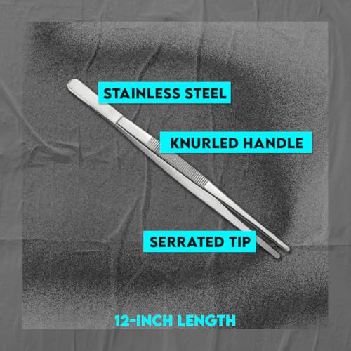 SE 12-Inch Stainless Steel Tweezers - Durable Knurled Handle Serrated Tip Design for Household and Professional Use - 513TW
