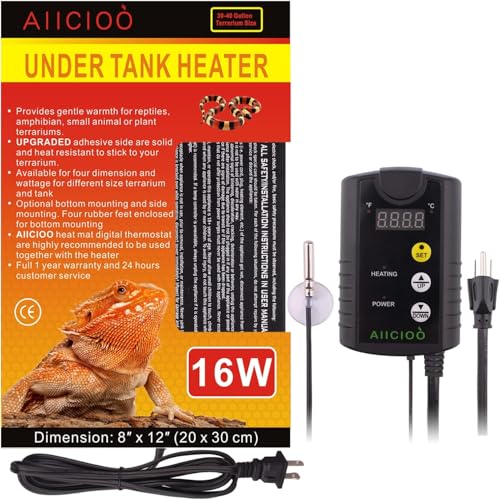Aiicioo Under Tank Heater Thermostat - Reptile Heating Pad with Temperature Control Reptile Heat Mat for Combo Set for Hermit Crab Lizard Terrarium 16W - size: 8" X 12"(16W) with Thermostat