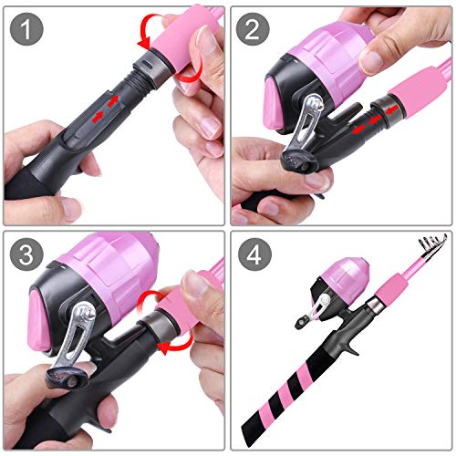 PLUSINNO Kids Fishing Pole, Portable Telescopic Fishing Rod and Reel Combo Kit - with Spincast Fishing Reel Tackle Box for Boys, Girls, Youth - color: Pink, size: 4.92 ft