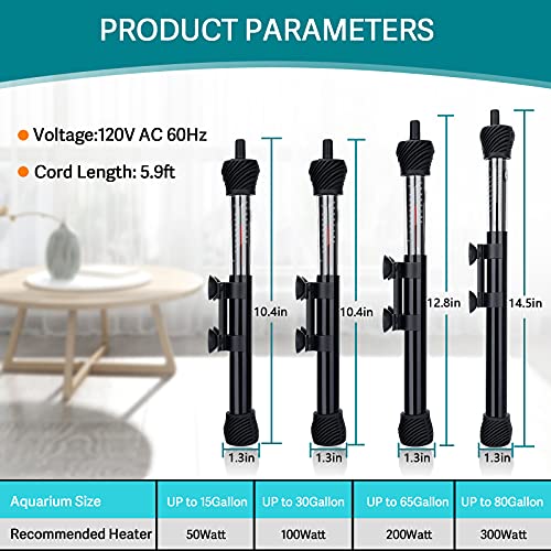 hygger ETL Certification Aquarium Heater, 50W/100W/200W/300W Submersible Fish Tank Thermostat Heater with Firm Double Pair Suction Cups for Coral Saltwater and Freshwater Tank with Thermometer (200W) - size: 200W