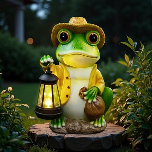 Solar Garden Outdoor Frog Statue 10 inches Tall - with Handheld Lanterns - Detachable - Patio, Balcony, Shelf, Tabletop, Lawn Decoration - Unique Housewarming, Birthday, Thanksgiving, Mom Gifts - size: Medium Frog