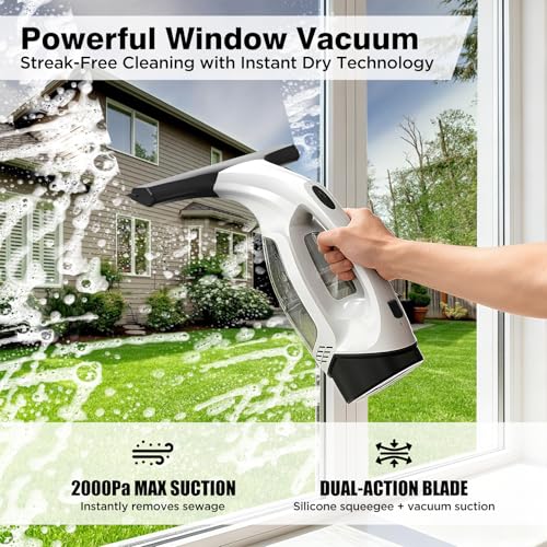 Window Vacuum Squeegee Cordless, 2000Pa Electric Window Cleaner Tool with 2200mAh & 150ml Water Collection Tank, Cleaning Kit Shower Squeegee for Glass Doors, Tiles, Mirrors, Car (White) - color: White