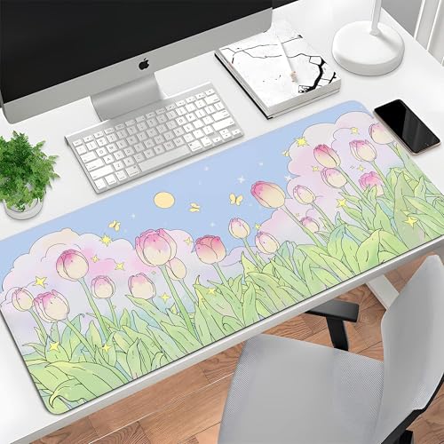 Kawaii Flower Mouse Pad Large Desk Mat Extended Keyboard Mouse Pad Cute XL Mousepad with Non-Slip Base and Stitched Edge Plant MouseMat Desk Pad 31.5 x 11.8 in Mouse Pads for Desk Home Office Gaming - color: Cute Flower