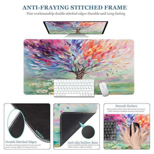 Desk Pad Oil Painting Tree, Desk Matt for Desktop, Seasons Tree of Life Gaming Mouse pad Extend XXL Large Anti-Slip Stitched Edges Waterproof Computer Laptop Keyboard Mat for Game, Home, Work, Office - color: Oil Painting Tree, size: 31.5" x 15.7"