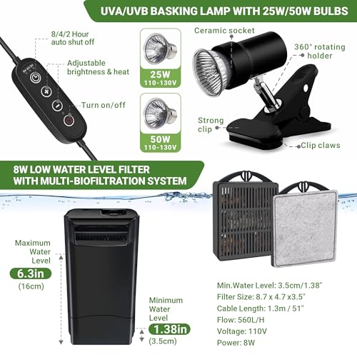 GOZILLA Aquatic Turtle Tank Kit+Lamp+Filter, Upgrade PC Turtle Tank Starter Kit with Adjustable Lamp & Filter,Reptile Habitat with Lid,Hanging Platform for Small Reptiles.(19.68×9.52×9.44''/Black Kit) - color: Large-Black-KIT