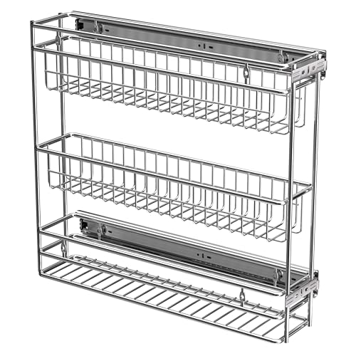 JOWBOOW Narrow Pull Out Cabinet Organizer, 4" Skinny Side Mount Spice Rack for Frameless Cabinets, Heavy Duty 3-Tier Zero Wobble Slide Out Shelf - size: 4"W Side-Mount (Frameless ONLY!)
