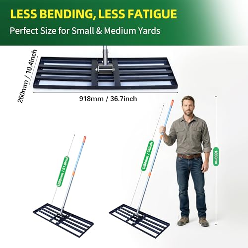 Lawn Leveling Rake 36x10 Inch, 6FT Heavy-Duty Carbon Steel Lawn Leveler – Yard Leveling Rake for Soil, Sand, Grass, Perfect for Lawn Repair, Pit Filling & Garden Maintenance - size: L