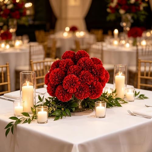 Kimura's Cabin 20Pcs Fake Chrysanthemum Artificial Flowers Silk Ball Flowers Faux Mums Flower with Stem for Wedding Party Bouquets Arrangements Home Table Centerpieces Christmas Decoration (Red) - color: Red