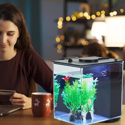 Mini Fish Tank Betta Aquarium Starter Kits Multifunctional Desktop with Switch Button LED Aquarium Kit White, 1 Gallon（Black） - color: Black
