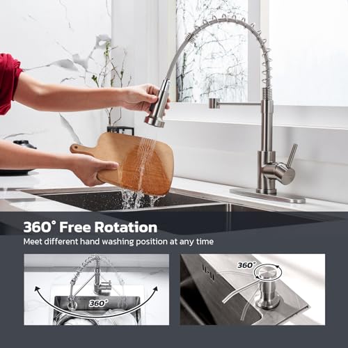 WEWE Kitchen Sink Faucet with Soap Dispenser, Kitchen Faucet with Pull Down Sprayer Stainless Steel Single Handle High Arc Pull Out Brushed Nickel Faucet for Bar Laundry RV Utility Sink - color: Brushed Nickel, style: Vintage
