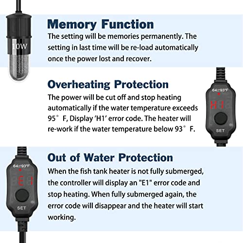 YOFOTHS Adjustable Mini Aquarium Heater 0.5/1/2/3 Gallon Submersible Small Fish Tank Heater 10W/20W/30W Digital Display Thermostat External Temperature Controller (10W) - size: 10W
